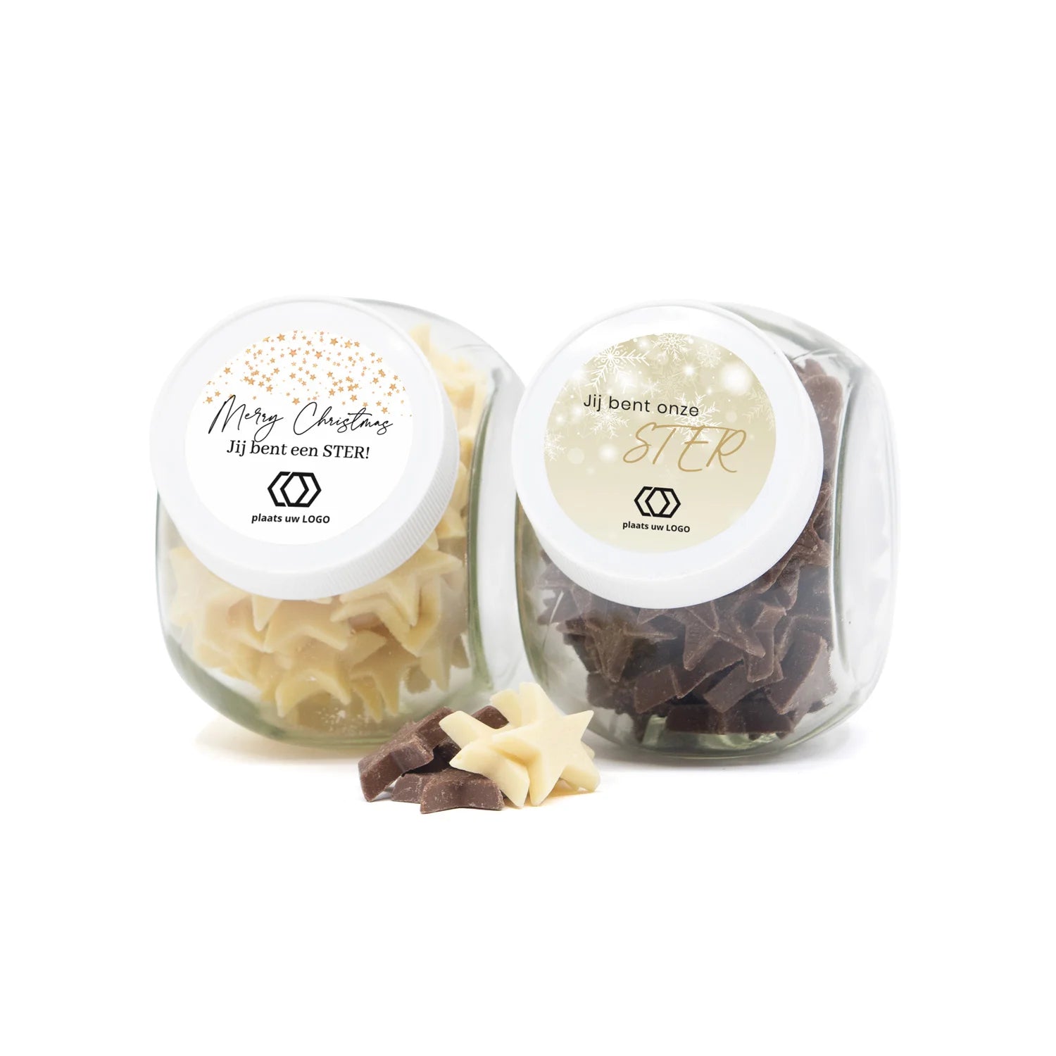 Glazen snoeppot 0,4L met chocoladesterren - Kerst - Bedankjes.nl