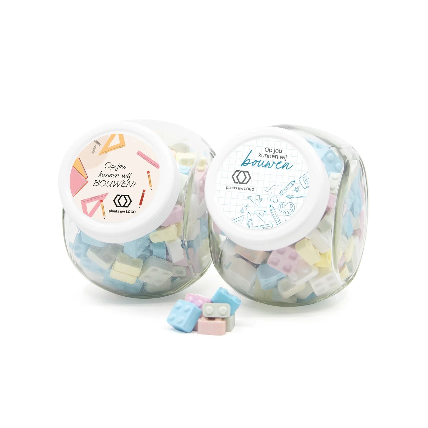 Glazen snoeppot 0,4L met bouwsteentjes- Leraar - Bedankjes.nl