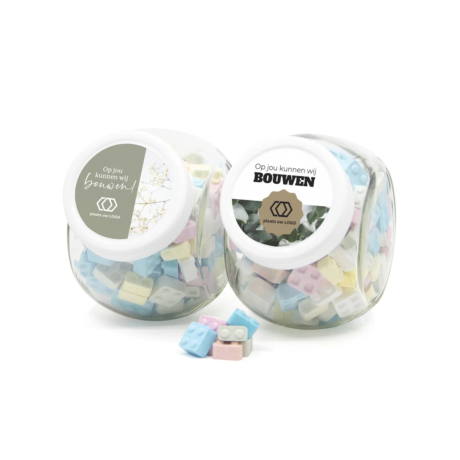 Glazen snoeppot 0,4L met bouwsteentjes - Zakelijk - Bedankjes.nl