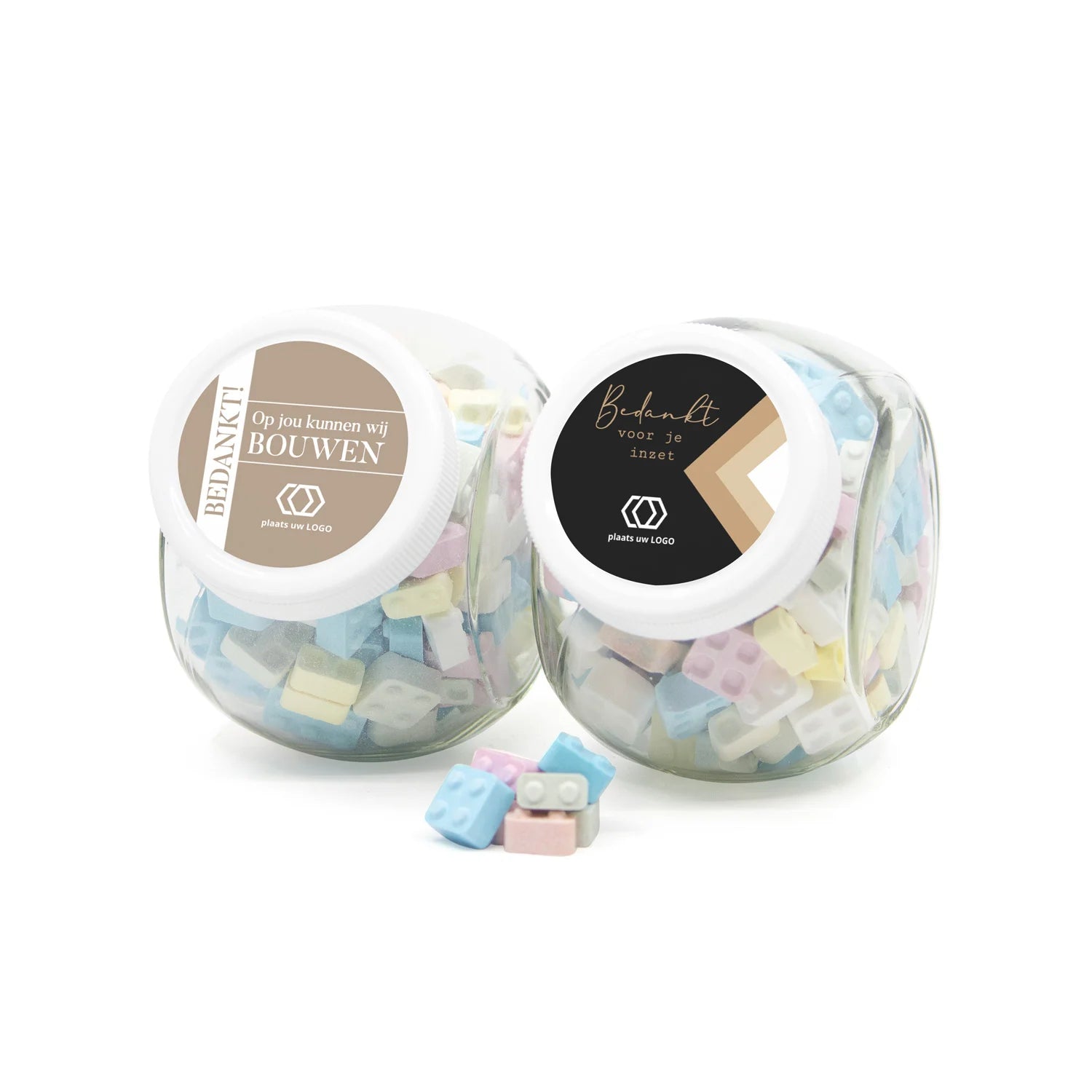 Glazen snoeppot 0,4L met bouwsteentjes - Zakelijk - Bedankjes.nl