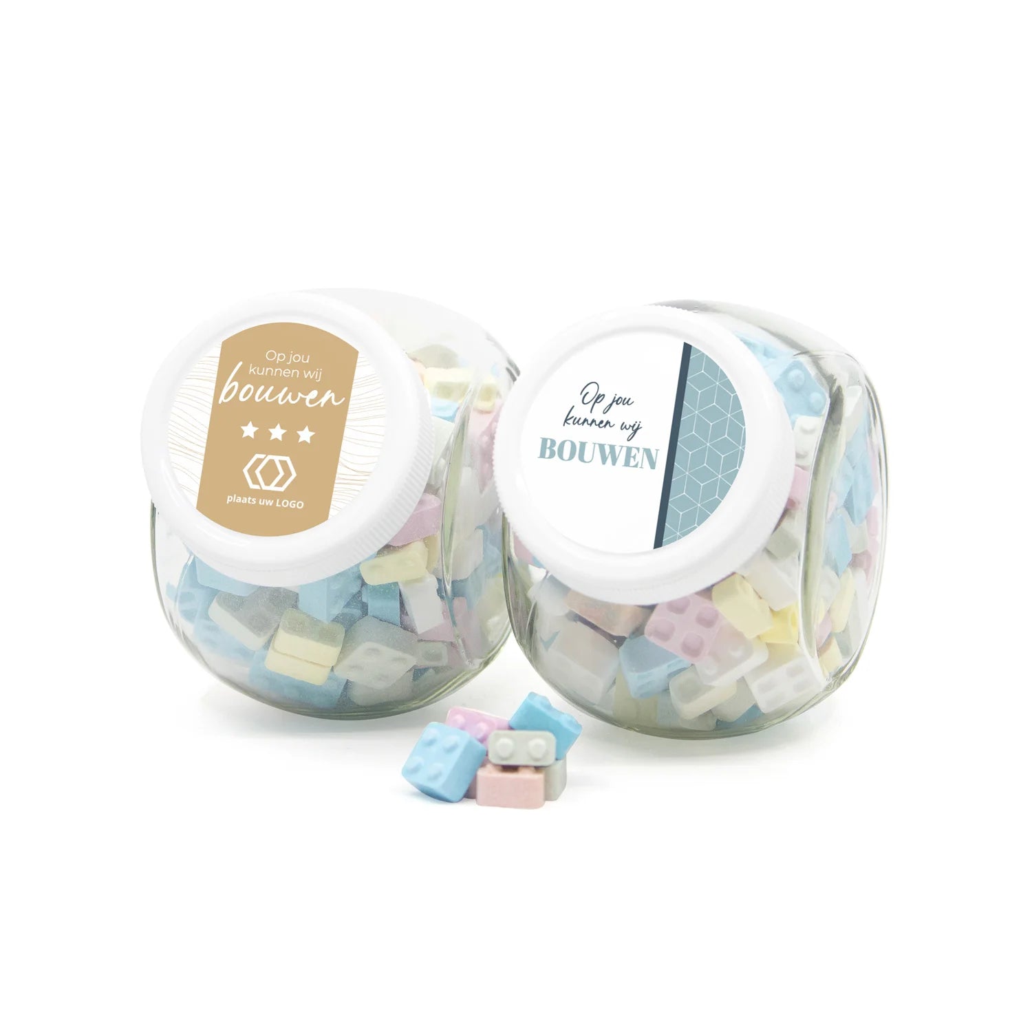 Glazen snoeppot 0,4L met bouwsteentjes - Zakelijk - Bedankjes.nl