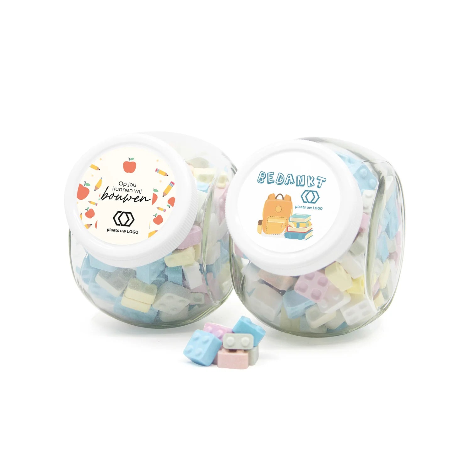 Glazen snoeppot 0,4L met bouwsteentjes- Leraar - Bedankjes.nl