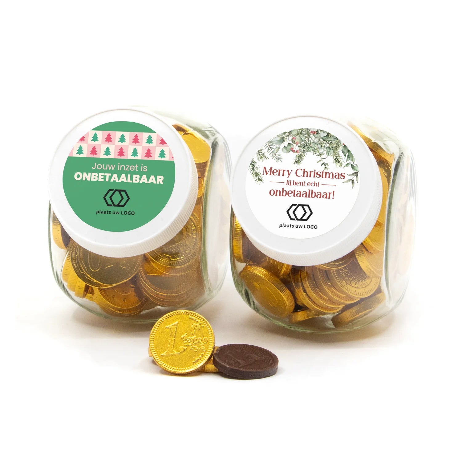 Persoonlijke snoeppot 0,4L met chocolade munten - Kerst