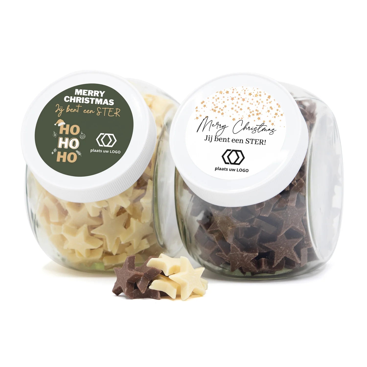 Glazen pot 0,9L met chocolade sterren - Kerst - Bedankjes.nl