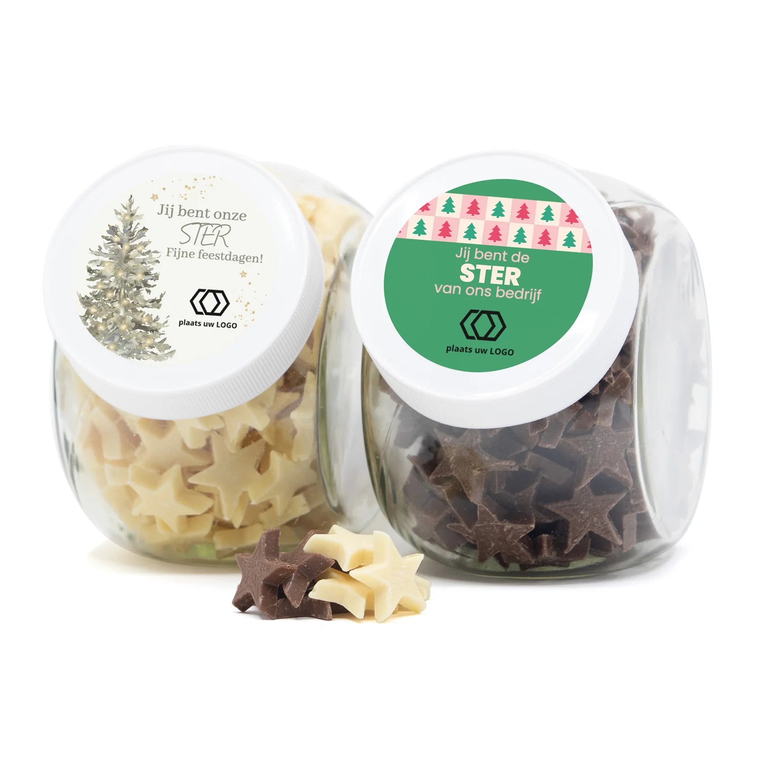 Glazen pot 0,9L met chocolade sterren - Kerst - Bedankjes.nl