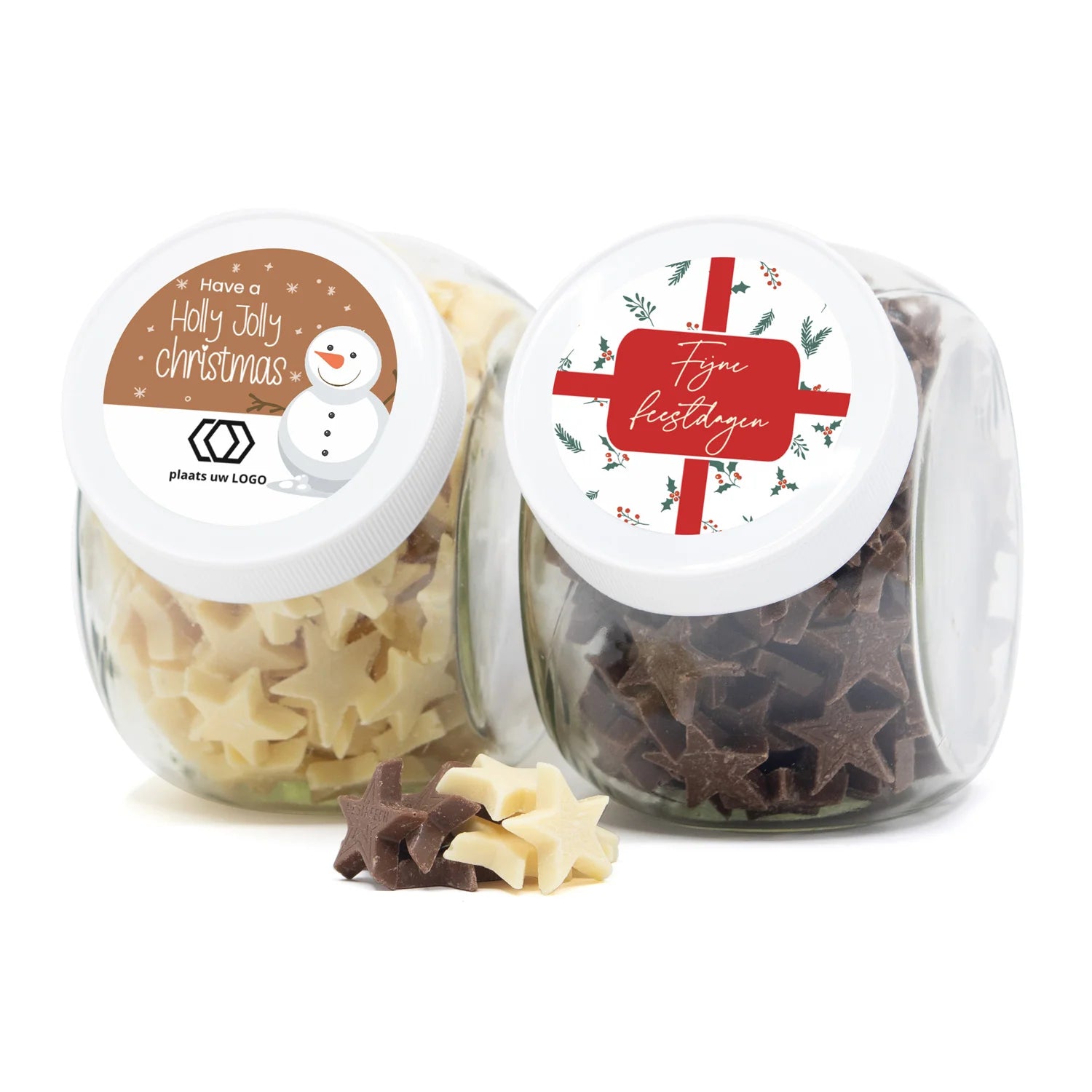 Glazen pot 0,9L met chocolade sterren - Kerst - Bedankjes.nl