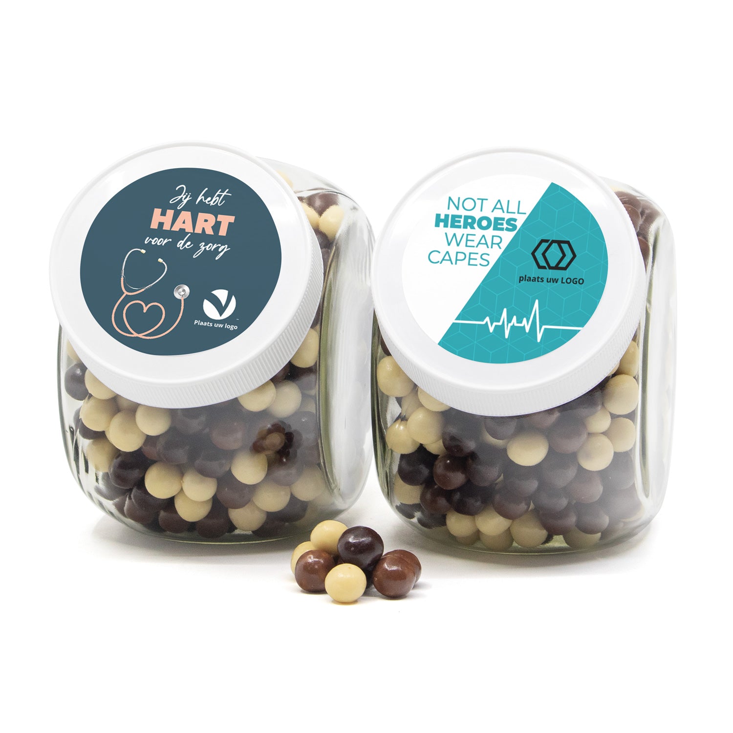 Glazen snoeppot 0,9L met eigen etiket - Verpleging - Bedankjes.nl