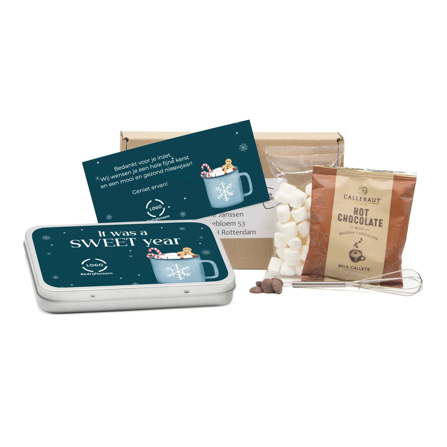 Hot Chocolate met eigen kaart in blik - Kerst - Bedankjes.nl