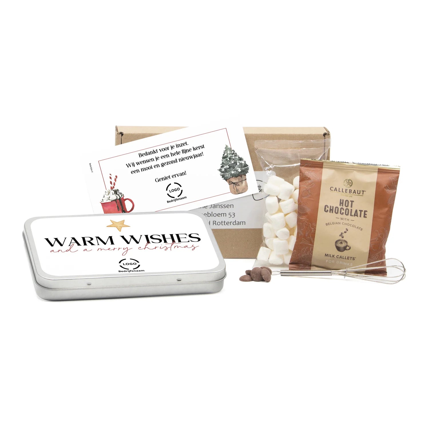 Hot Chocolate met eigen kaart in blik - Kerst - Bedankjes.nl