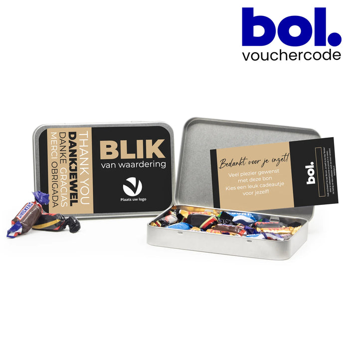 Blik met eigen etiket en bol. tegoed - Zakelijk Blik met eigen etiket en bol. tegoed - Zakelijk