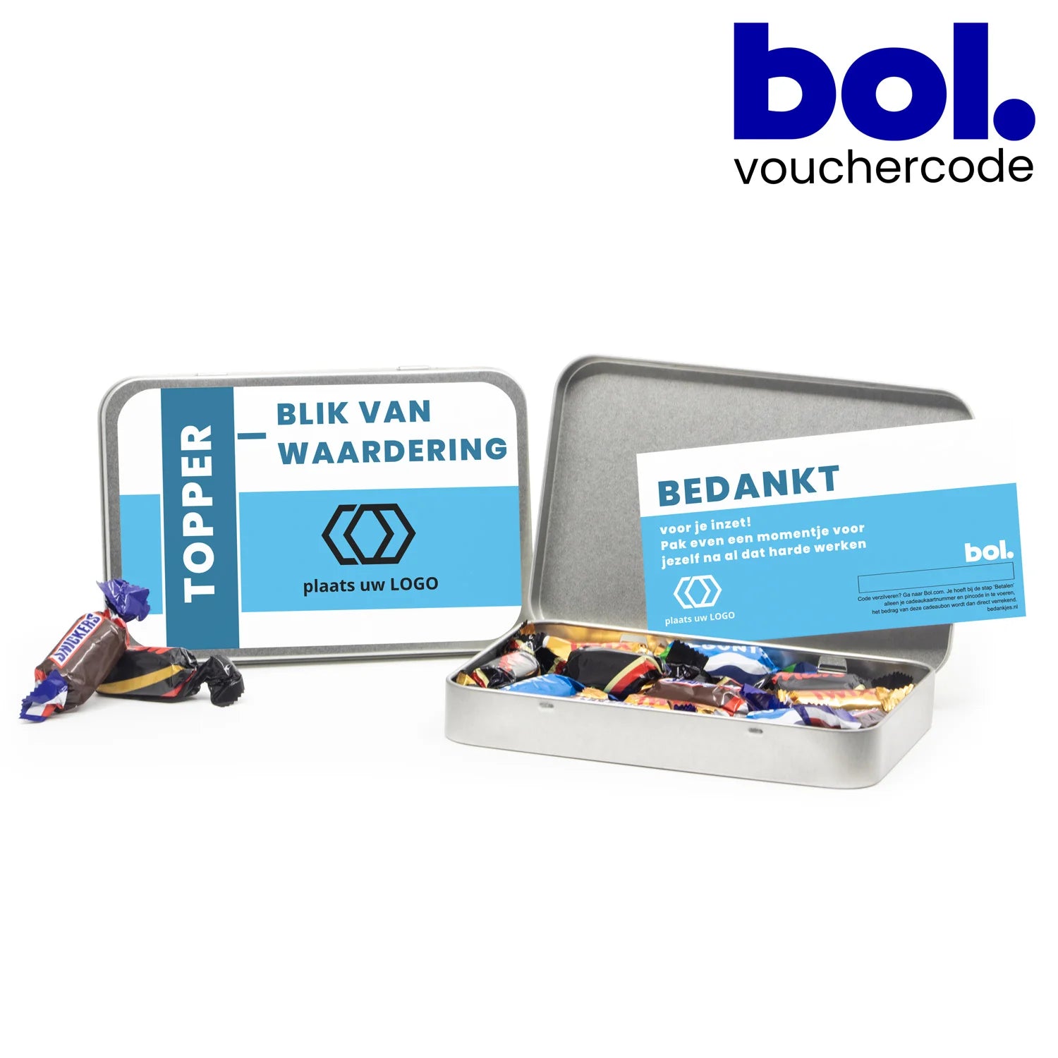 Blik met eigen etiket en bol. tegoed - Zakelijk - Bedankjes.nl