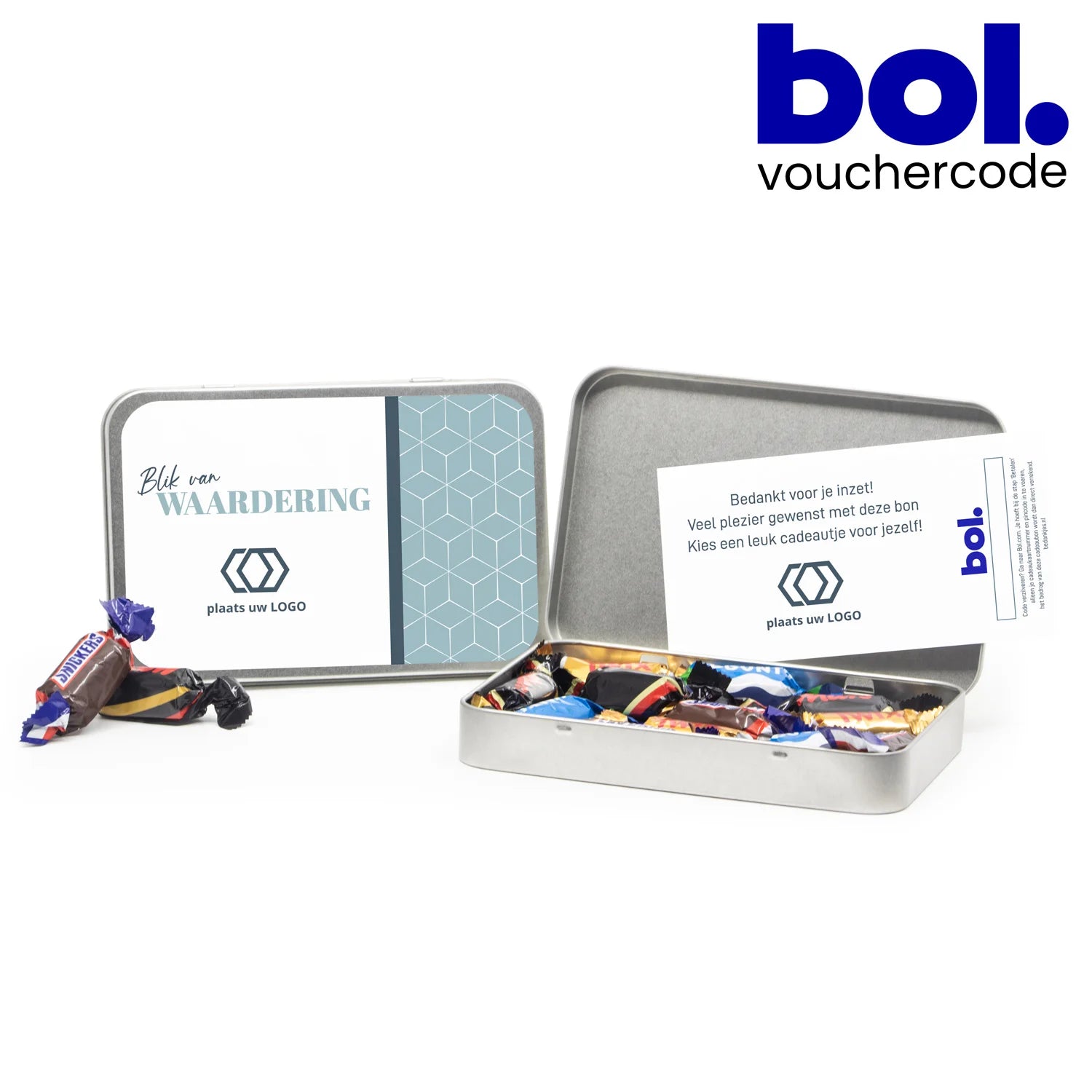 Blik met eigen etiket en bol. tegoed - Zakelijk - Bedankjes.nl