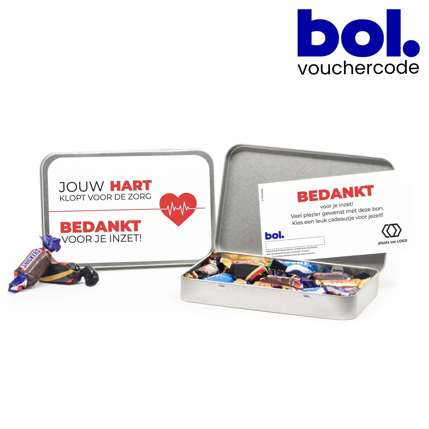 Blik met eigen etiket en bol.com tegoed - Verpleging - Bedankjes.nl