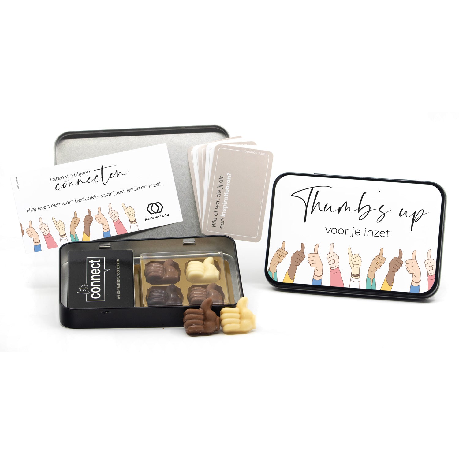 Let's Connect 100 vragenspel in blik met chocolade duimpjes - Vrijwilliger