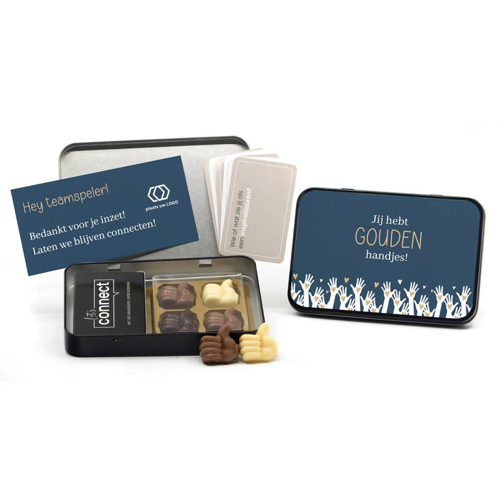 Let's Connect vragenspel in blik met chocolade duimpjes - Zakelijk Let's Connect vragenspel in blik met chocolade duimpjes - Zakelijk