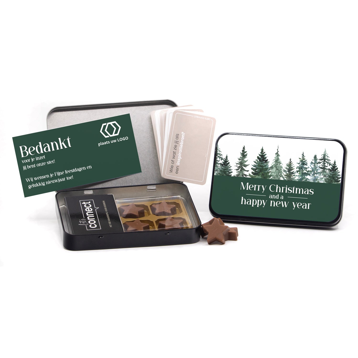 Let's Connect 100 vragenspel in blik met chocolade sterren - Kerst