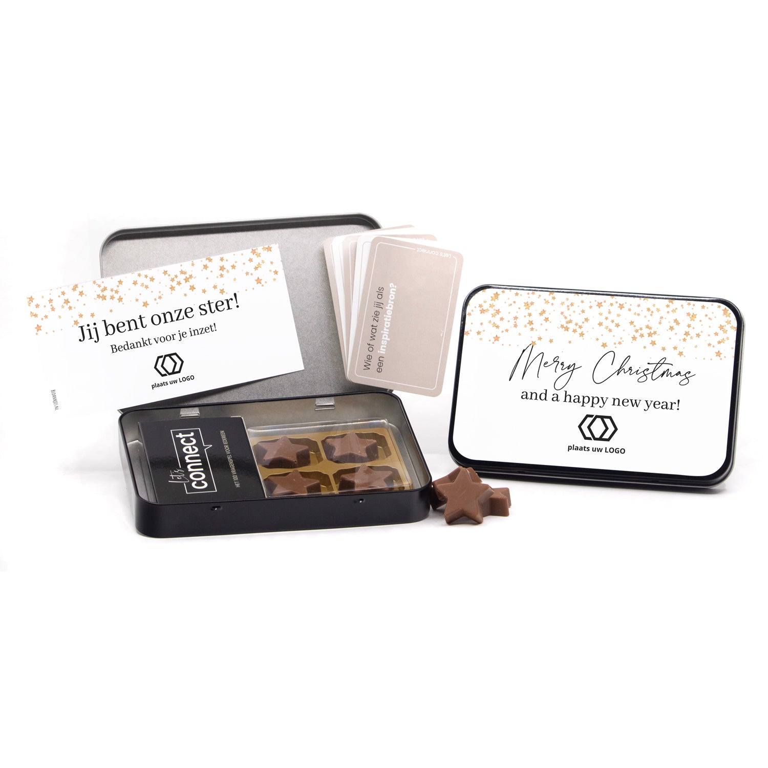 Let's Connect 100 vragenspel in blik met chocolade sterren - Kerst