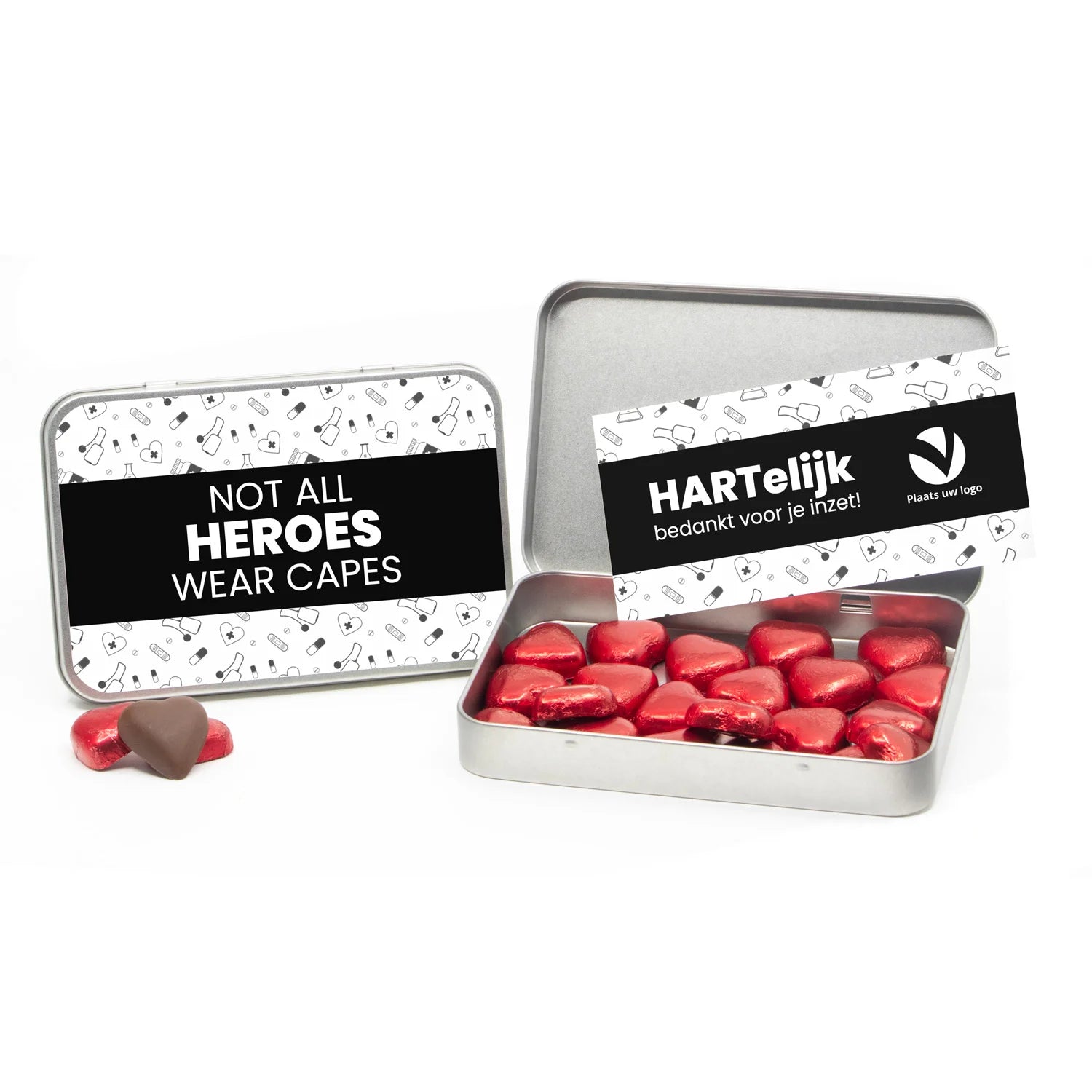 Chocolade harten in blik met persoonlijke kaart - Verpleging - Bedankjes.nl