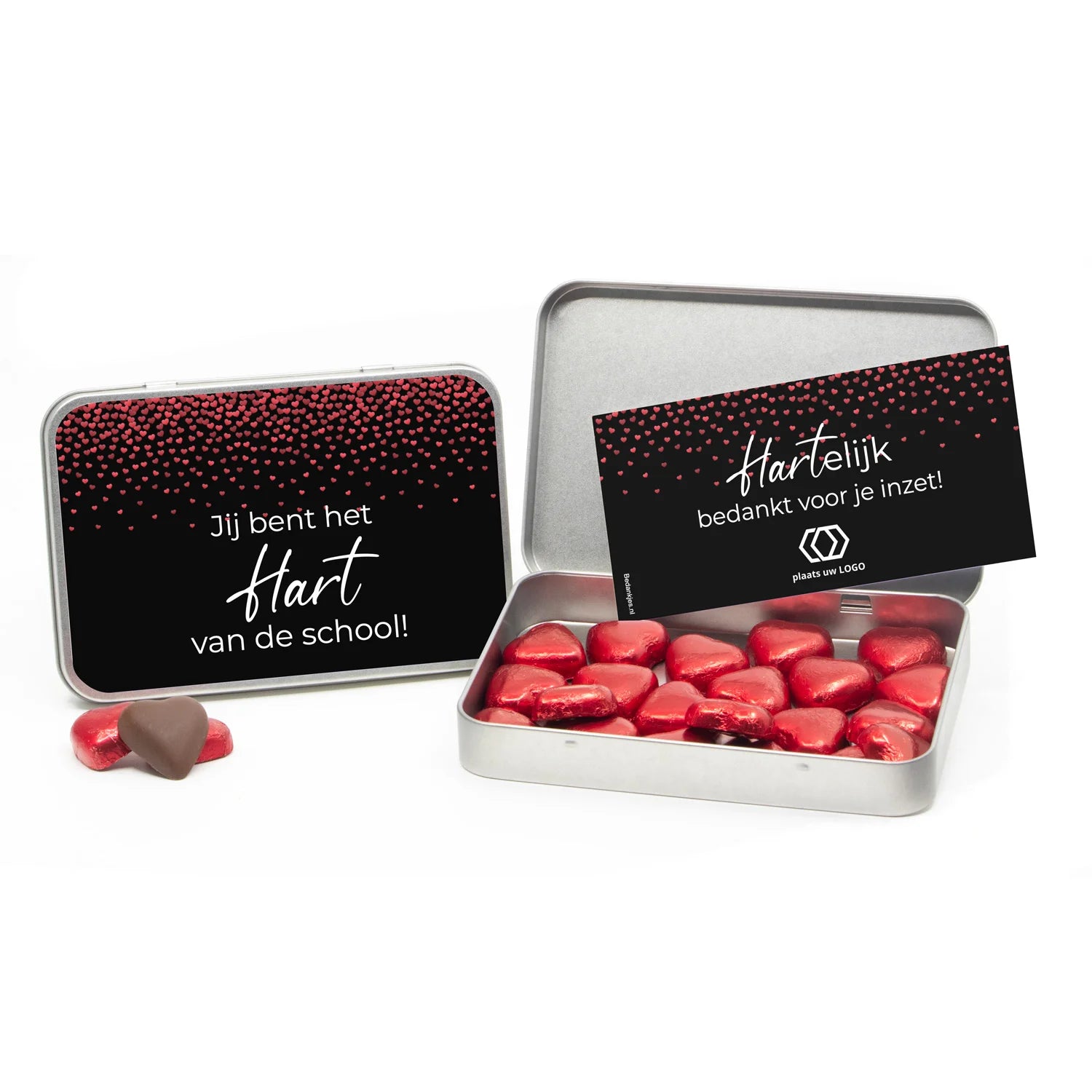 Chocolade harten in blik met persoonlijke kaart - Leraar - Bedankjes.nl