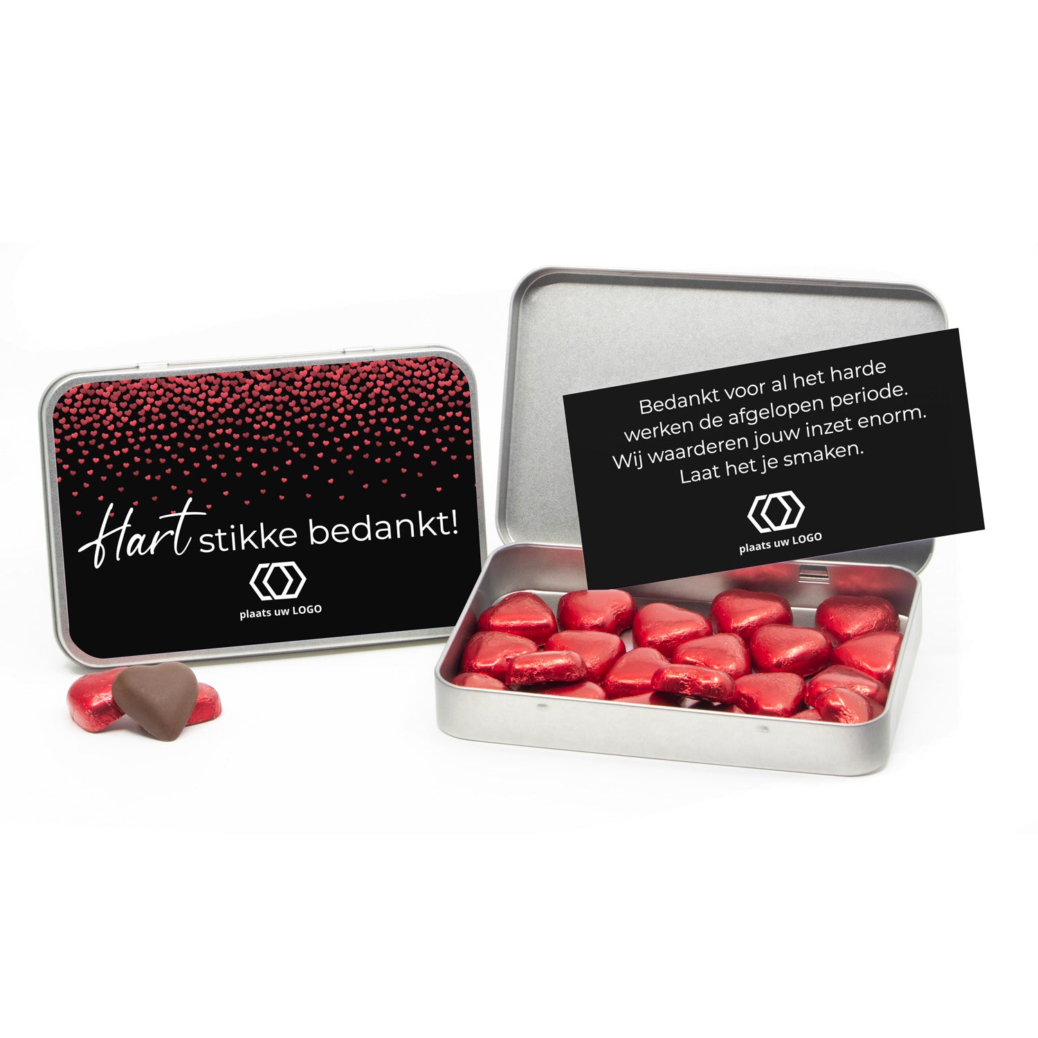 Chocolade harten in blik met persoonlijke kaart - Zakelijk - Bedankjes.nl