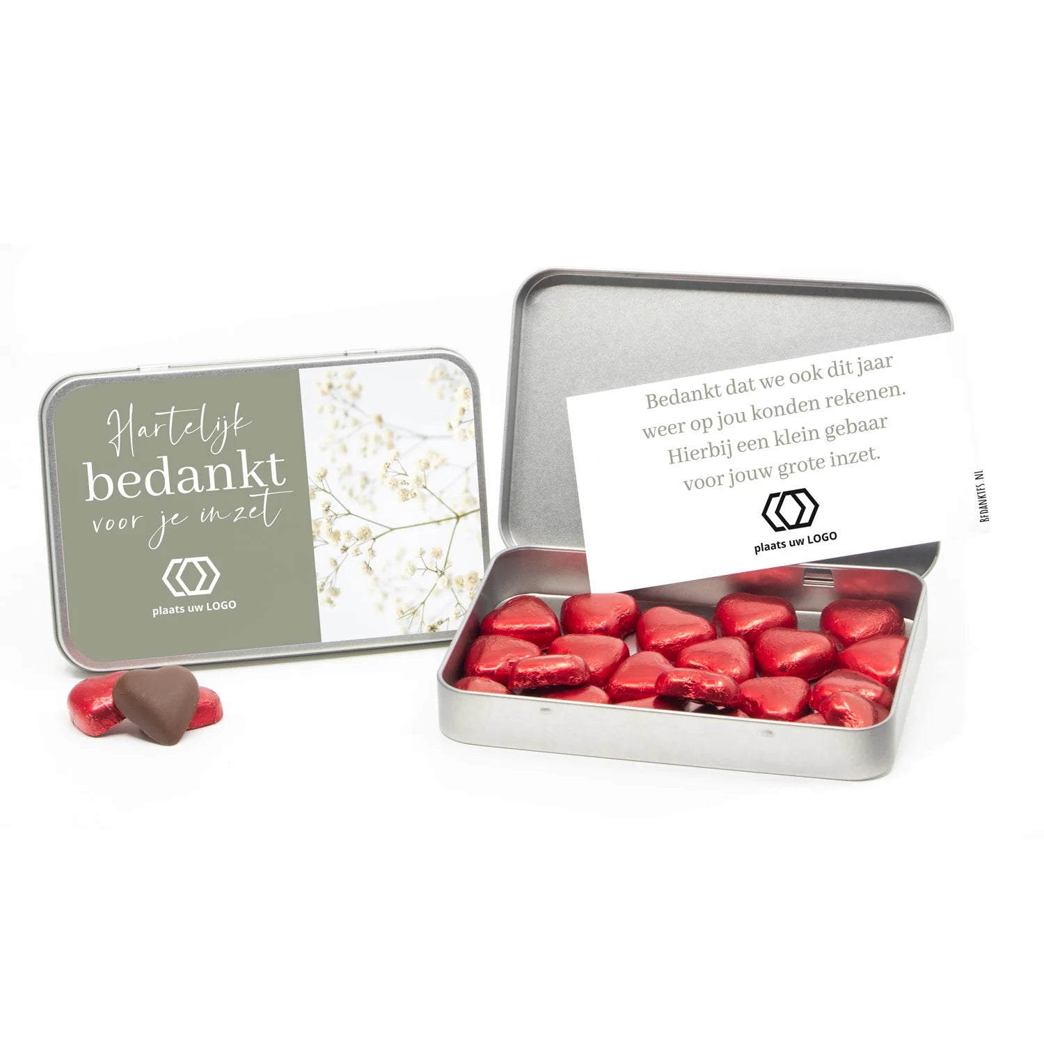 Chocolade harten in blik met persoonlijke kaart - Brievenbus - Bedankjes.nl