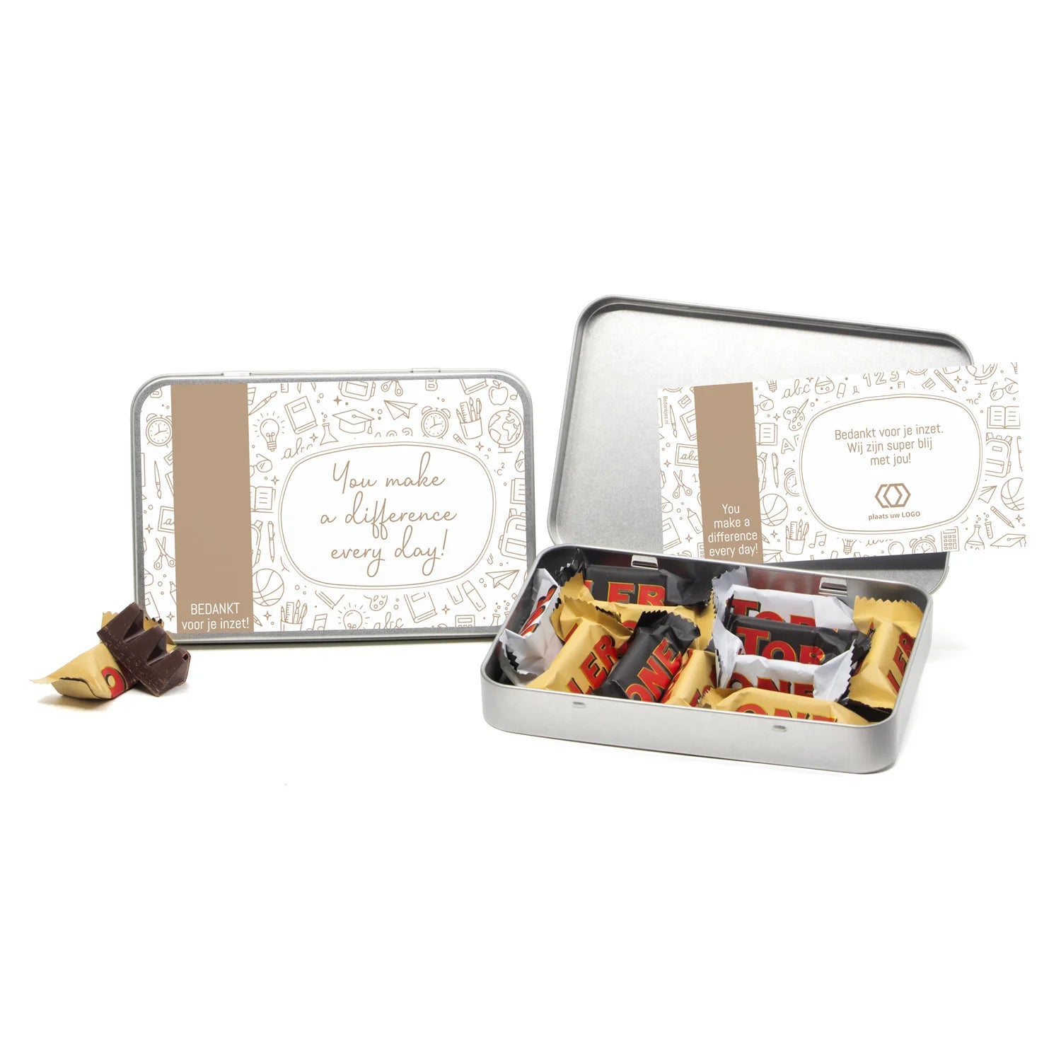 Toblerone in blik met eigen kaart - Leraar - Bedankjes.nl