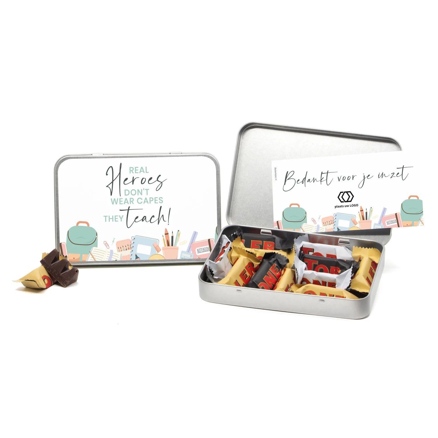 Toblerone in blik met eigen kaart - Leraar - Bedankjes.nl