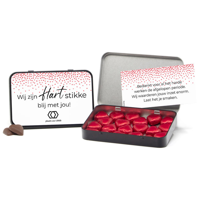 Chocolade harten in blik met persoonlijke kaart - Vrijwilliger Chocolade harten in blik met persoonlijke kaart - Vrijwilliger