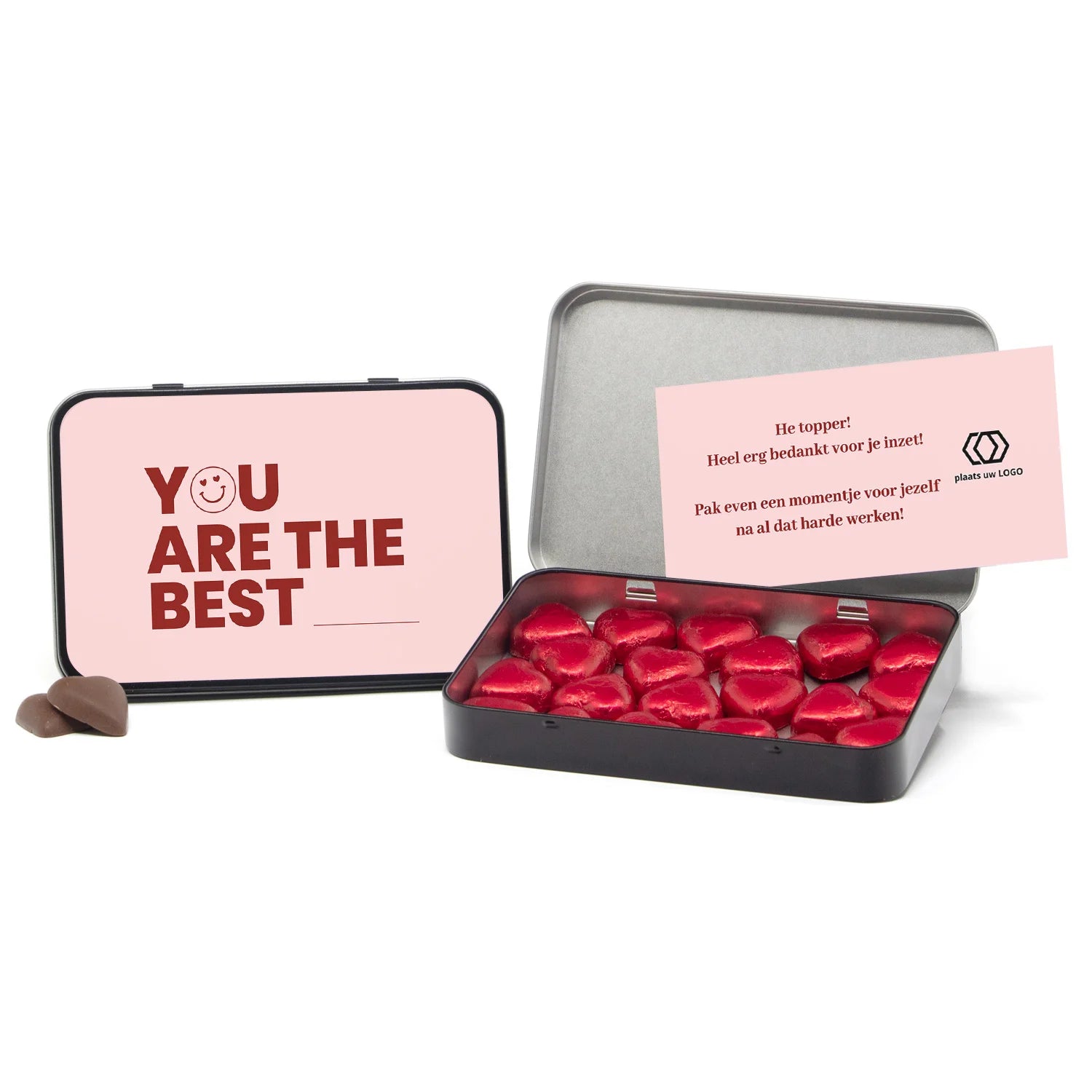 Chocolade harten in blik met persoonlijke kaart - Zakelijk