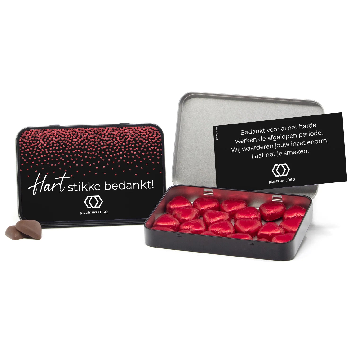 Chocolade harten in blik met persoonlijke kaart - Zakelijk - Bedankjes.nl