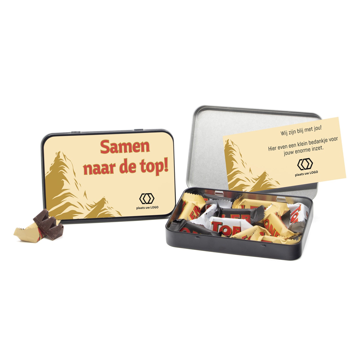 Toblerone in blik met eigen kaart - Vrijwilliger - Bedankjes.nl