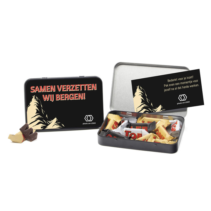 Toblerone in blik met eigen kaart - Zakelijk Toblerone in blik met eigen kaart - Zakelijk