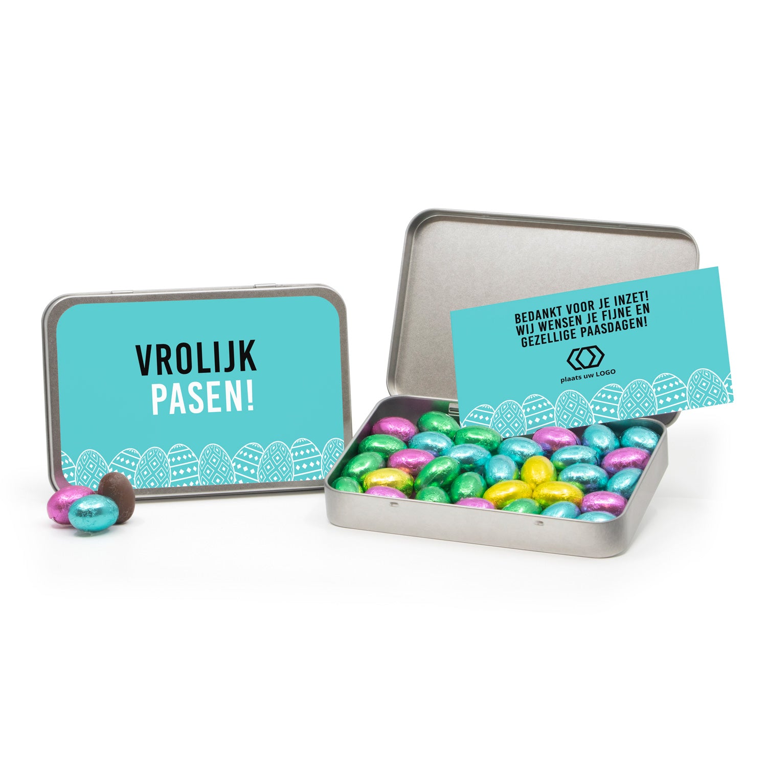 Paaseitjes in blik met eigen kaart - Pasen - Bedankjes.nl