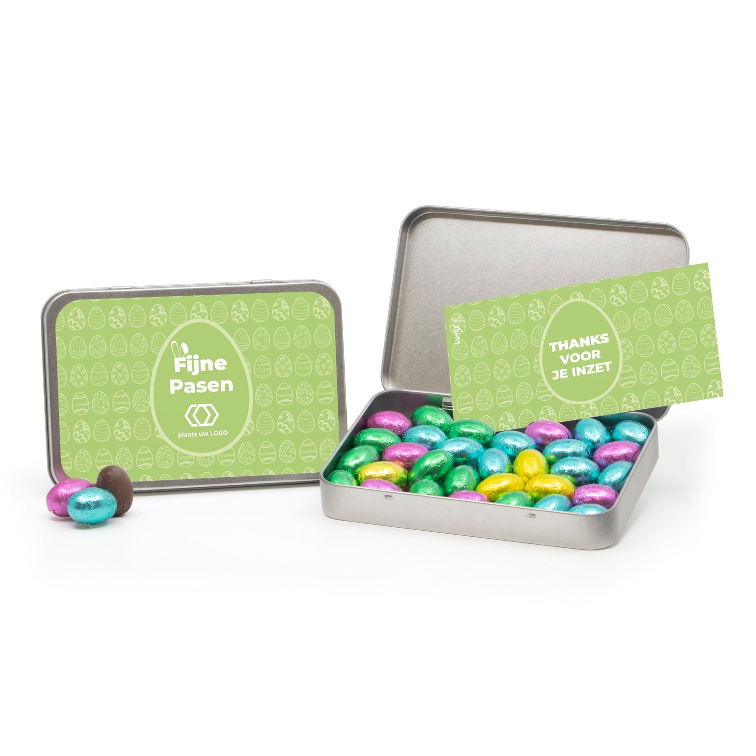 Paaseitjes in blik met eigen kaart - Pasen - Bedankjes.nl