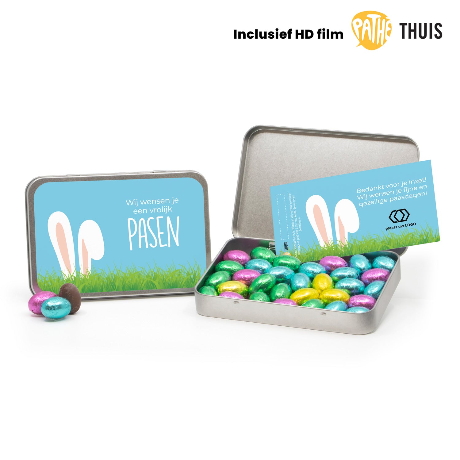 Paaseitjes in blik met Pathé Thuis code versturen - Pasen - Bedankjes.nl