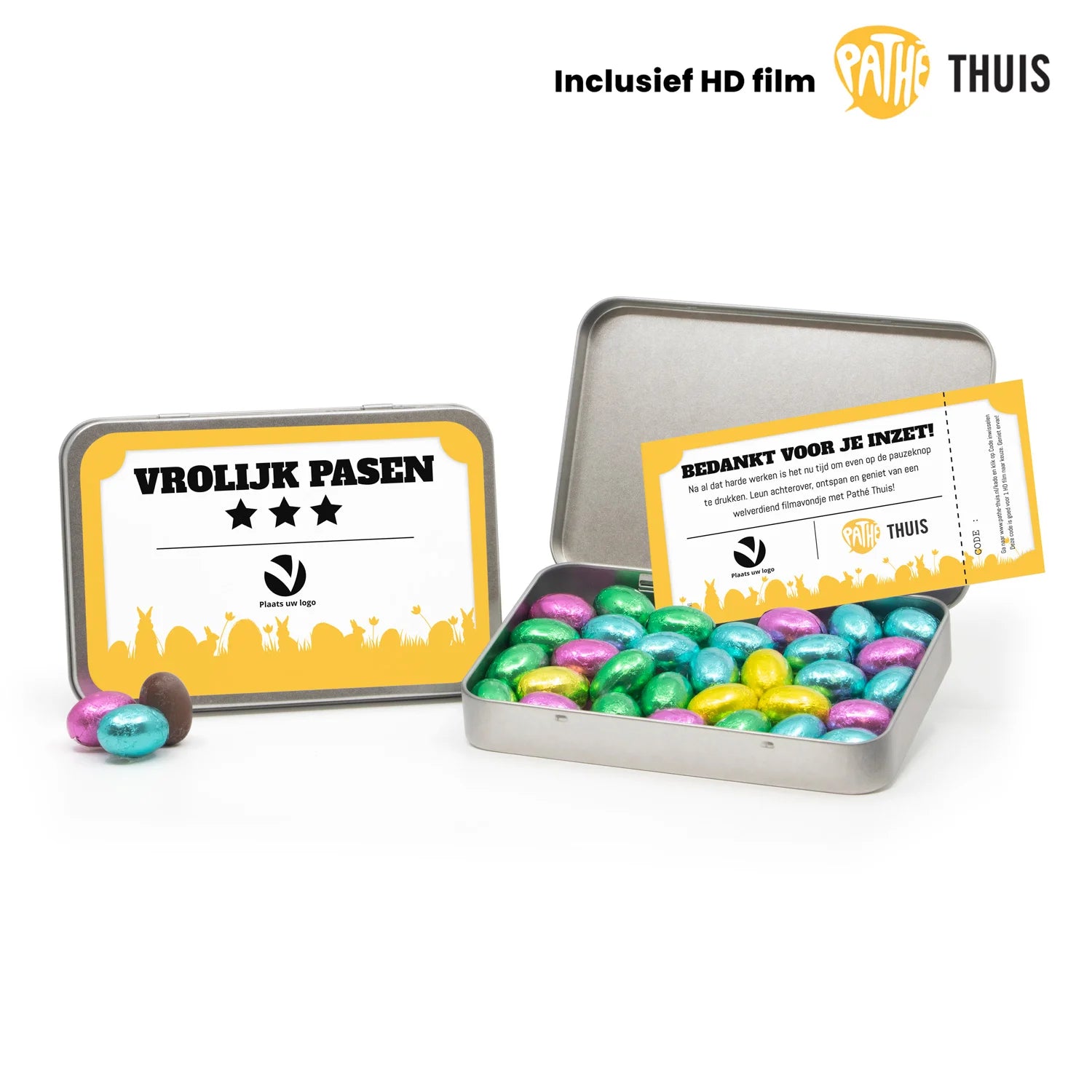 Paaseitjes in blik met Pathé Thuis code versturen - Pasen - Bedankjes.nl