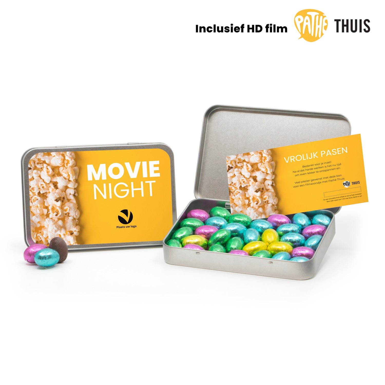 Paaseitjes in blik met Pathé Thuis code versturen - Pasen - Bedankjes.nl