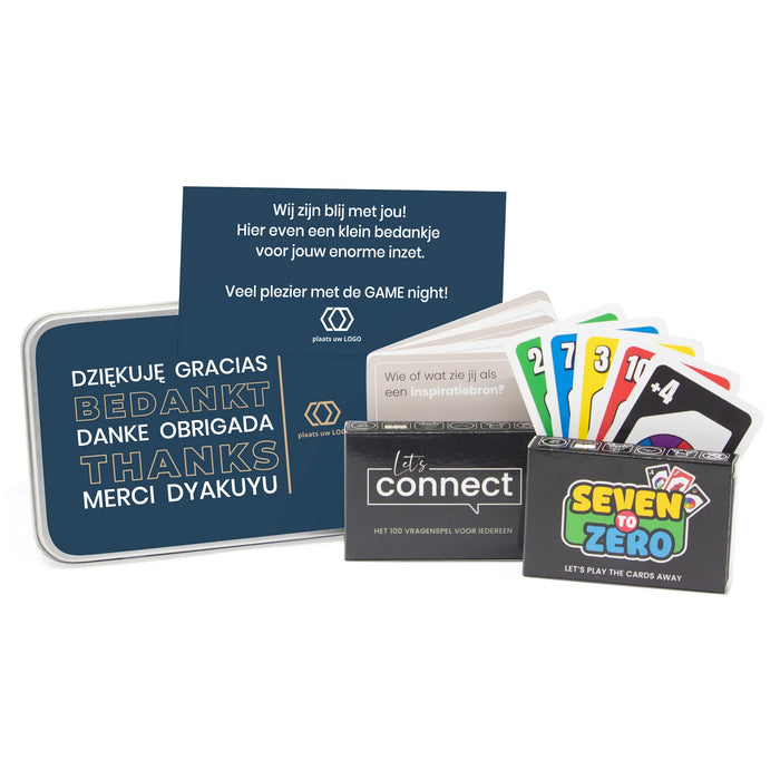Let's Connect en Seven to Zero spel in blik met etiket - Zakelijk Let's Connect en Seven to Zero spel in blik met etiket - Zakelijk