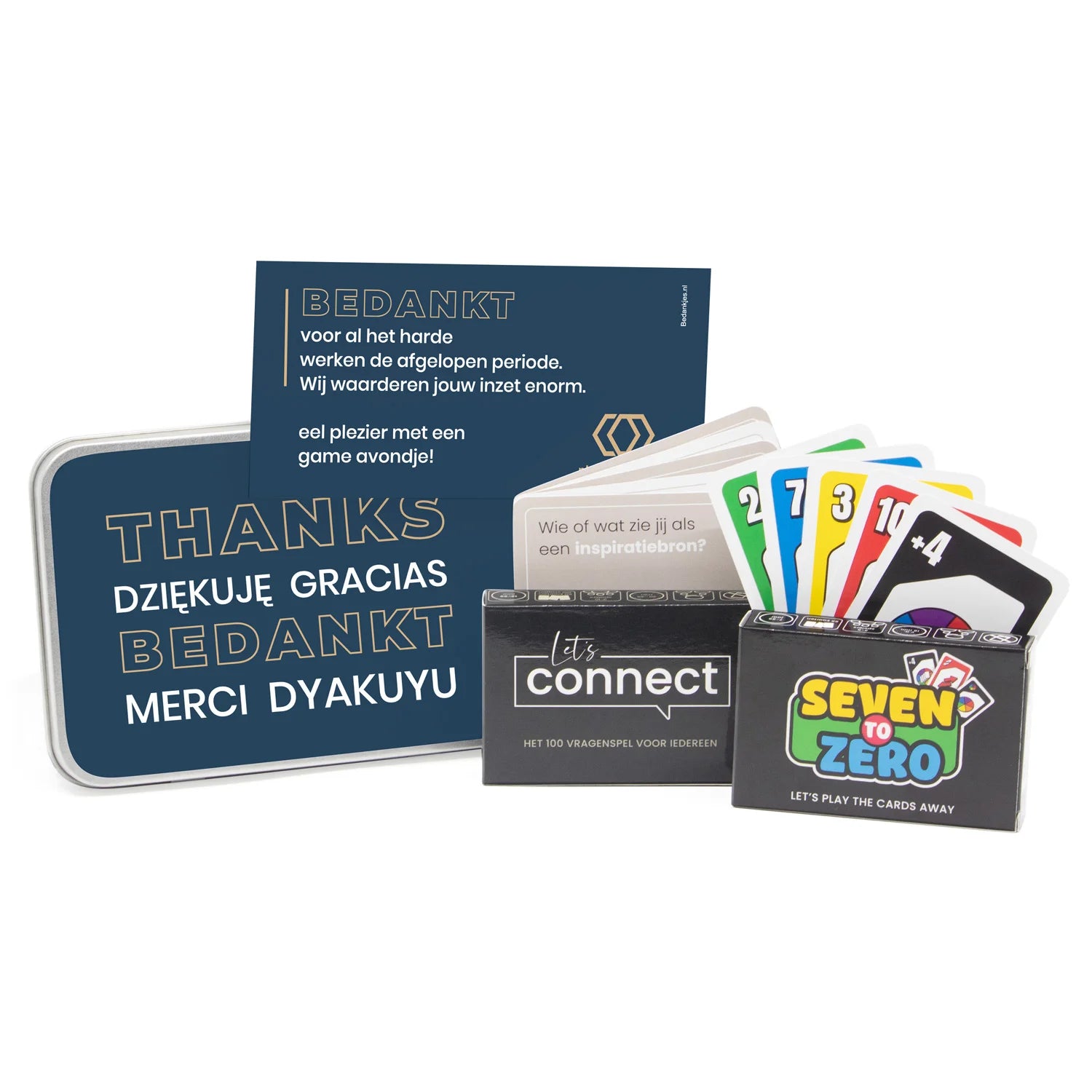 Let's Connect en Seven to Zero spel in blik met etiket - Zakelijk - Bedankjes.nl