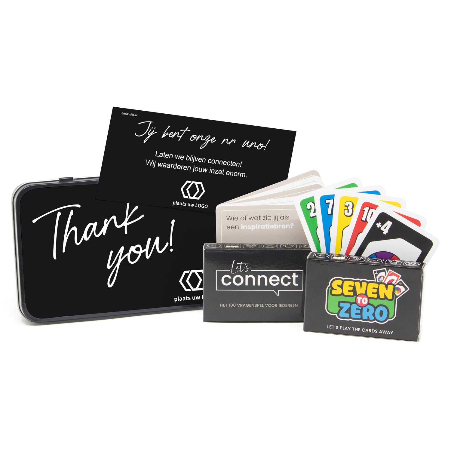 Let's Connect en Seven to Zero spel in blik met etiket - Vrijwilliger