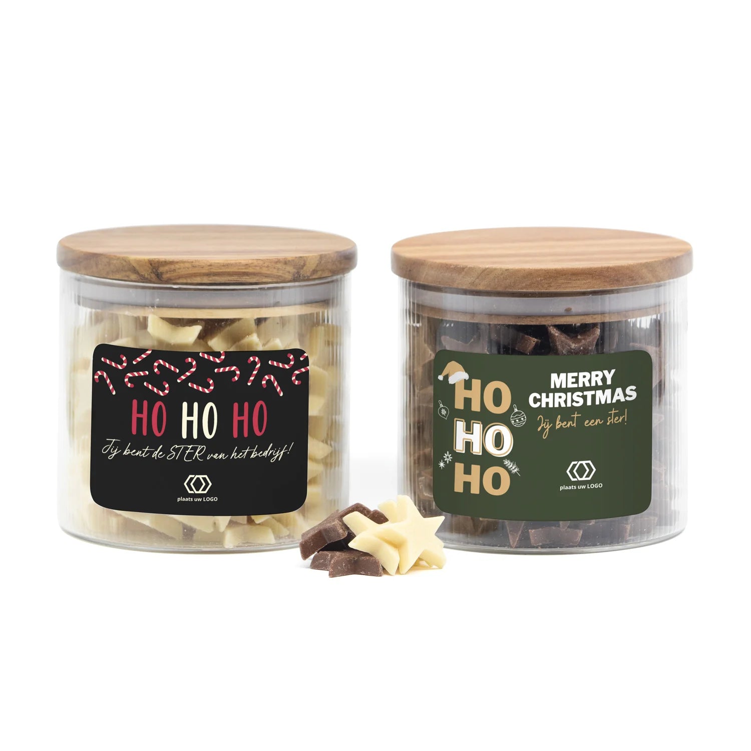 Medium pot met ribbelglas gevuld chocolade sterren - Kerst - Bedankjes.nl