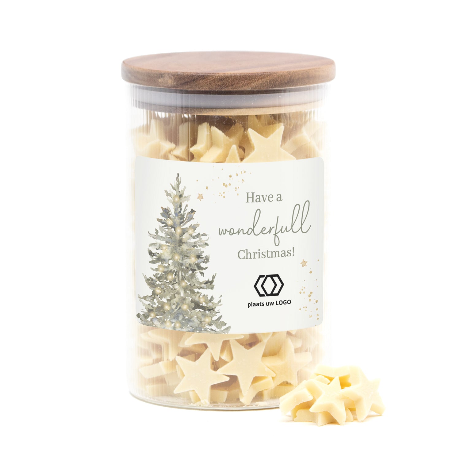 Luxe grote pot met ribbelglas gevuld chocolade sterren - Kerst - Bedankjes.nl