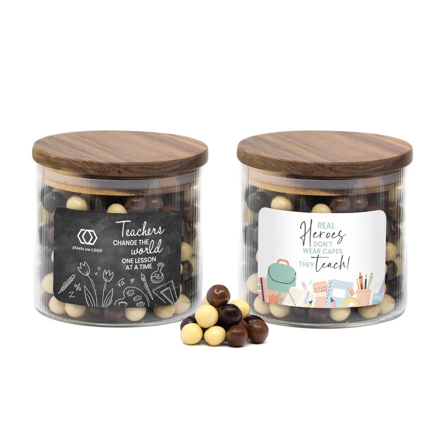 Medium pot met ribbelglas gevuld met snoep - Leraar - Bedankjes.nl