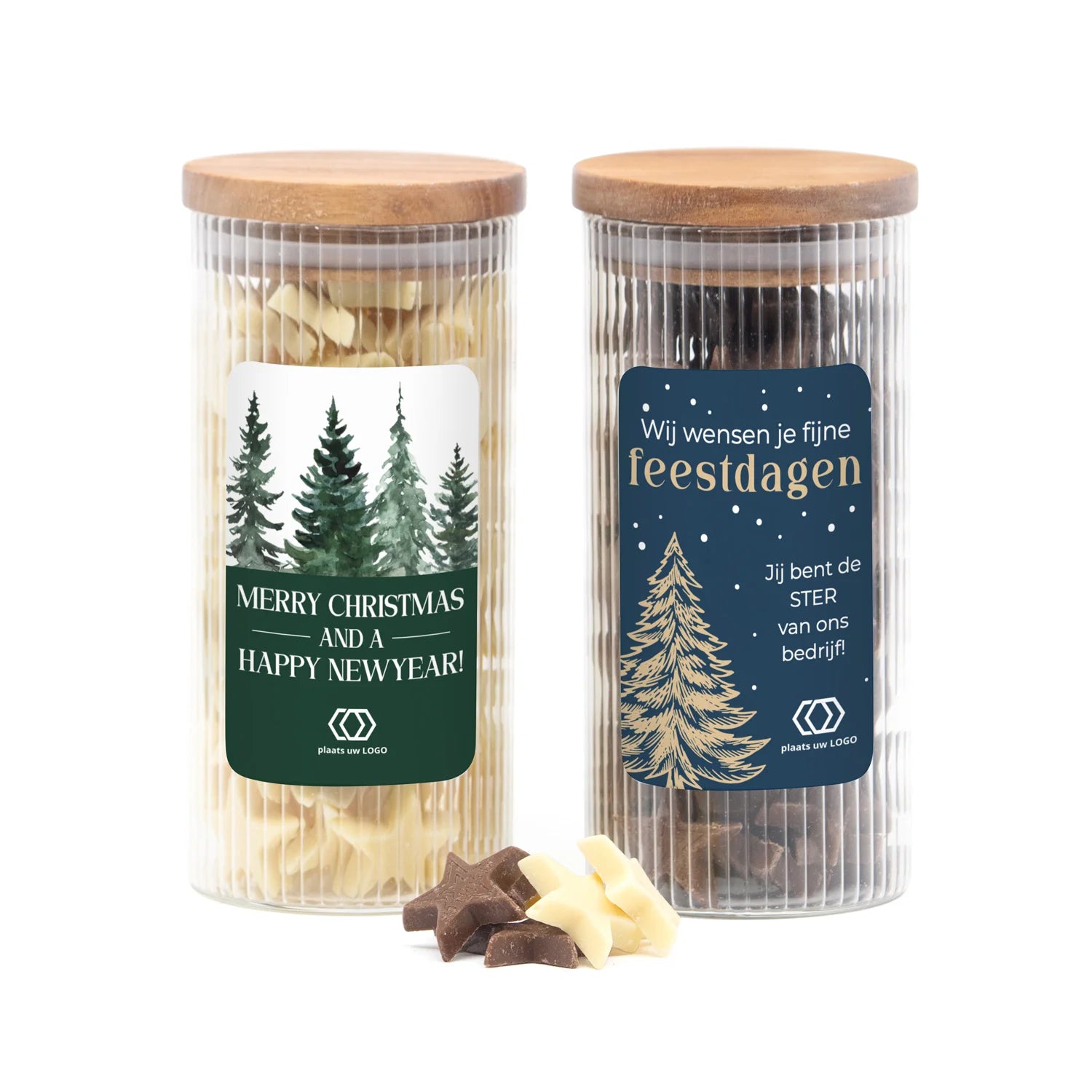 Pot met ribbelglas gevuld met chocolade sterren - Kerst - Bedankjes.nl