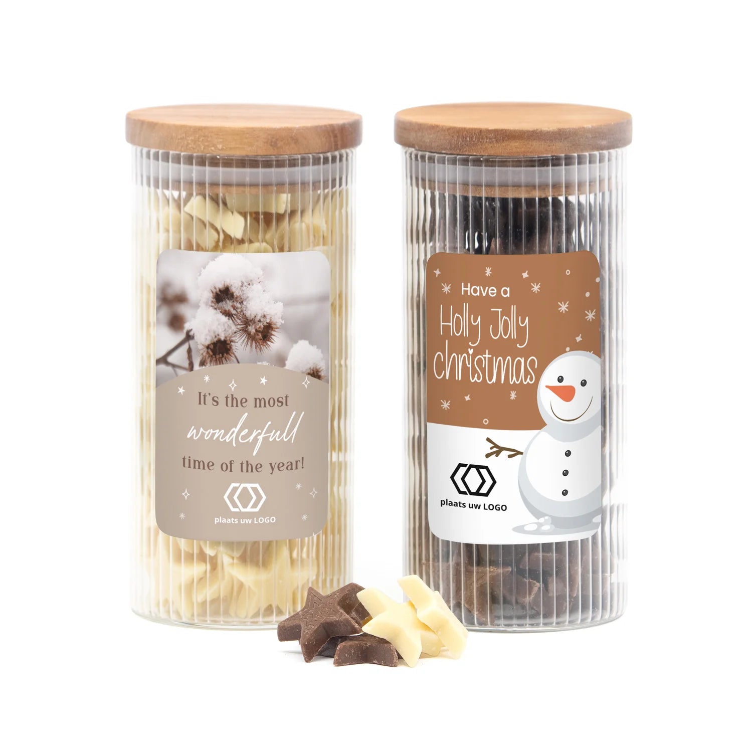 Pot met ribbelglas gevuld met chocolade sterren - Kerst - Bedankjes.nl