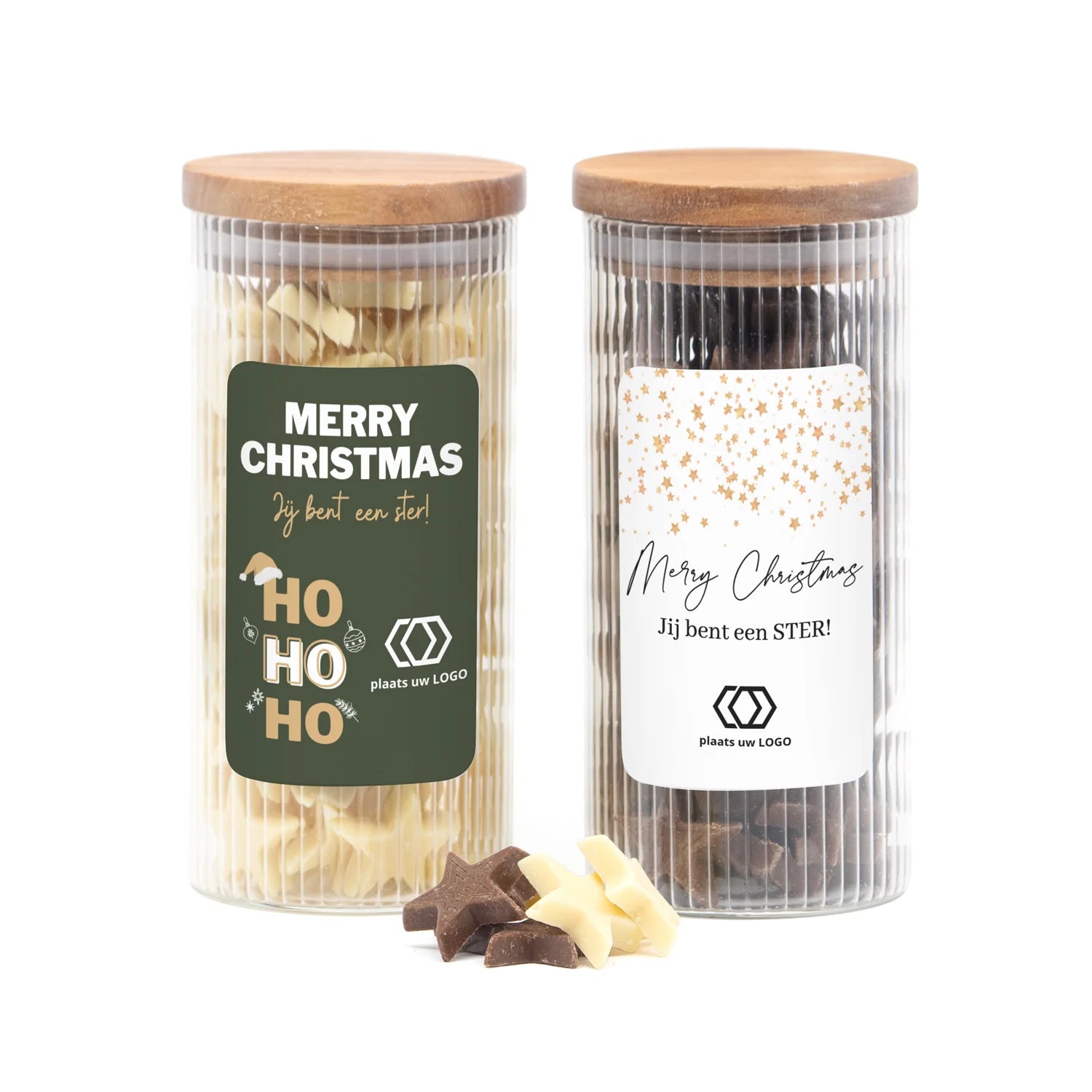 Pot met ribbelglas gevuld met chocolade sterren - Kerst - Bedankjes.nl