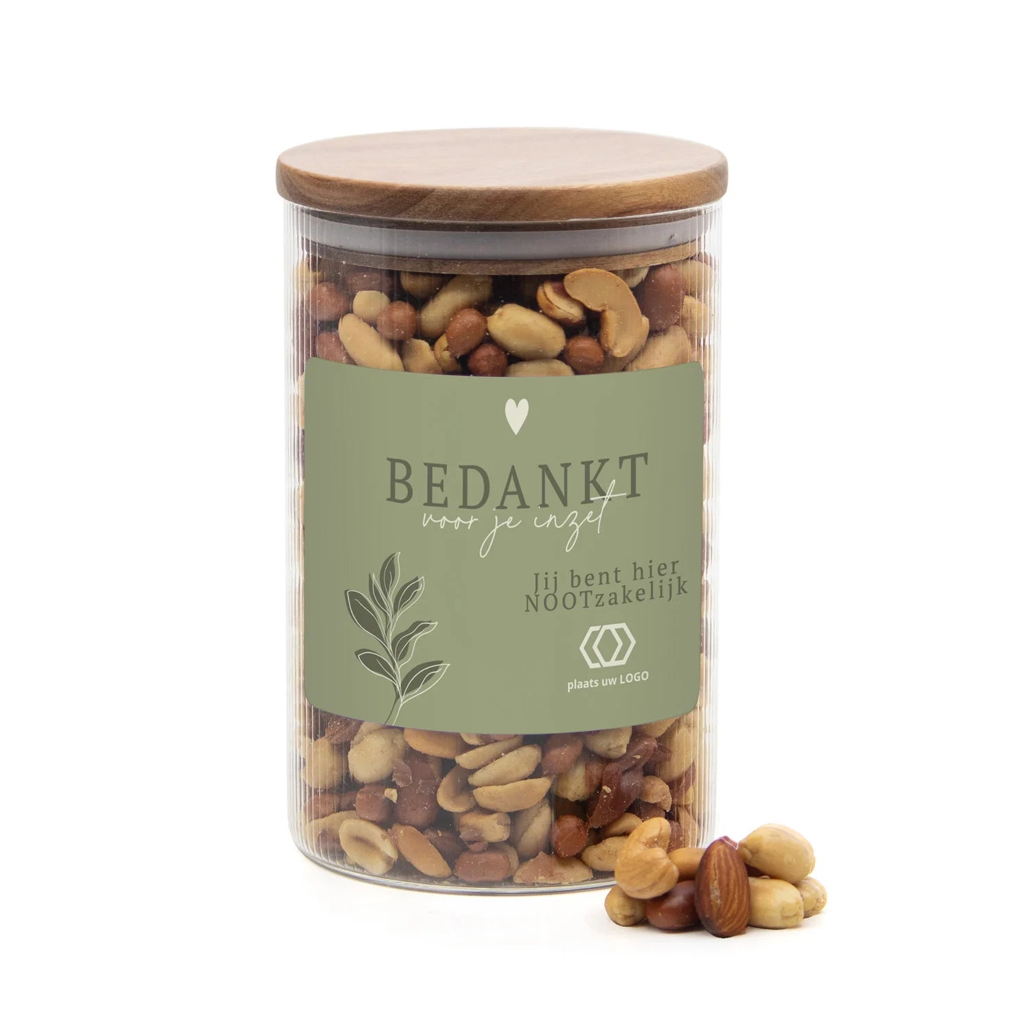 Luxe grote pot met ribbelglas met verse notenmix - Vrijwilliger - Bedankjes.nl