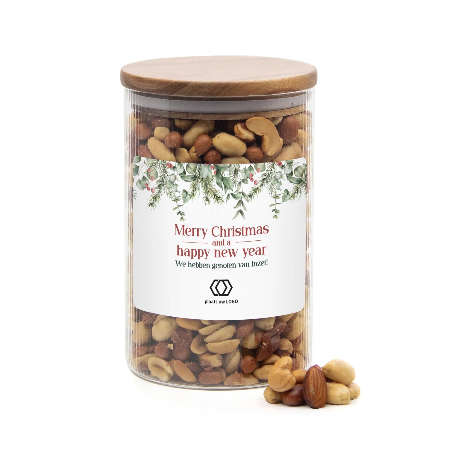 Luxe grote pot met ribbelglas met verse notenmix - Kerst - Bedankjes.nl