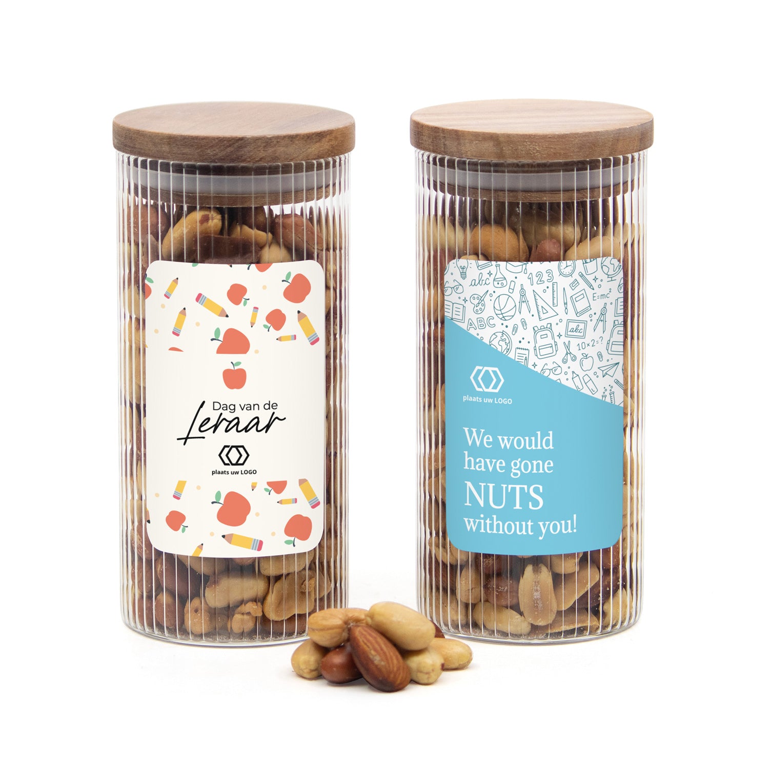 Pot met ribbelglas met verse notenmix - Leraar - Bedankjes.nl
