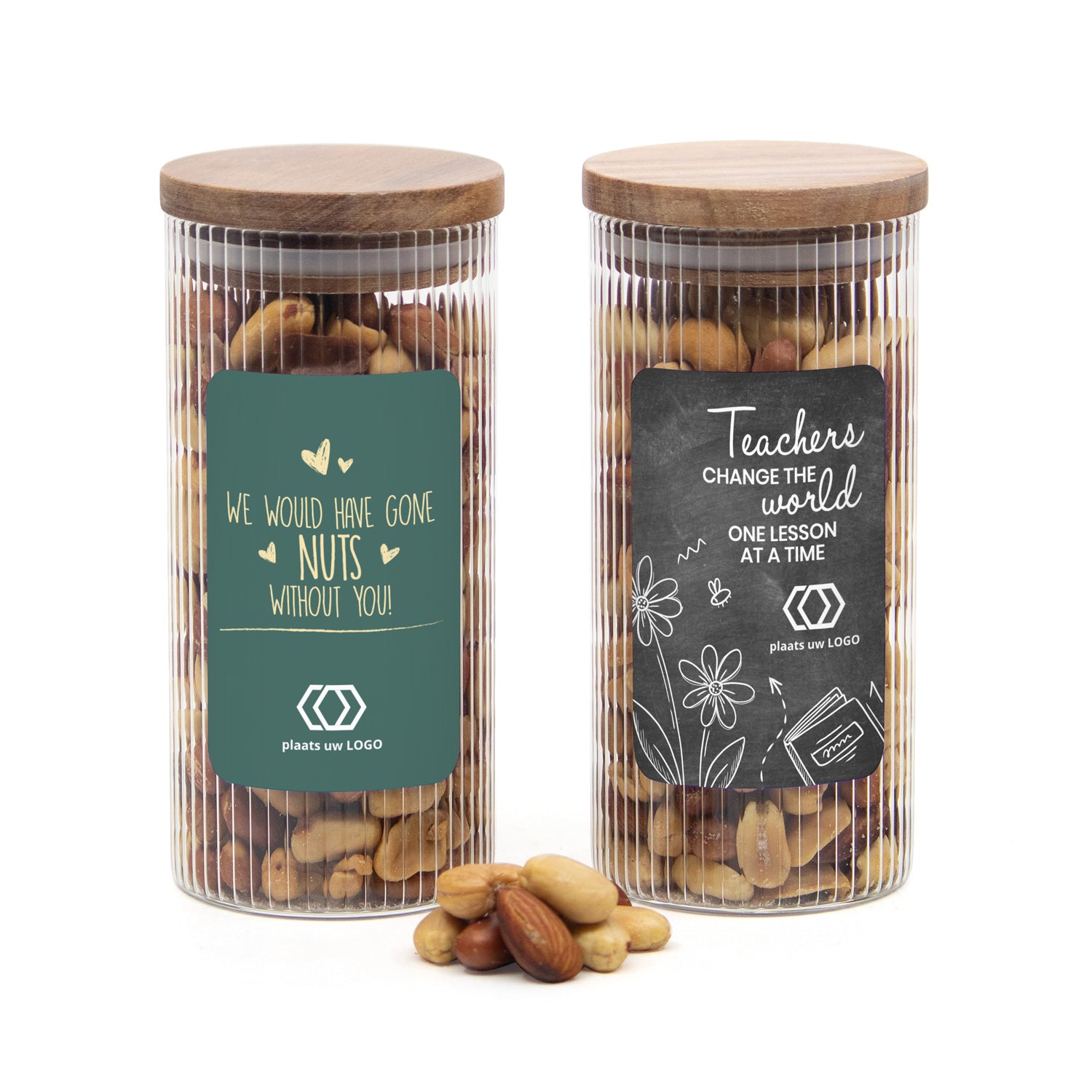 Pot met ribbelglas met verse notenmix - Leraar - Bedankjes.nl